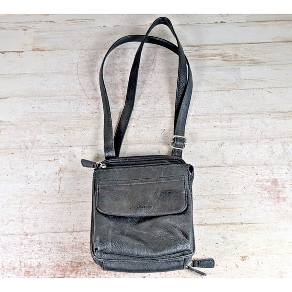 Fossil Black Leather Crossbody Wallet Bag Zip Pockets Adj Strap Mag Flap 6x8 Vtg - Picture 1 of 10